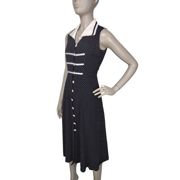 Vintage 80s 90s Black White Swiss Dot Button-Down Tie-Back Midi Dress S/M - Picture 4 of 11